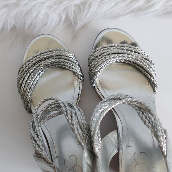 BCBG Paris Metallic Silver Faux Leather Woven Rope Strappy Cork Open Toe Wedges - Picture 7 of 15